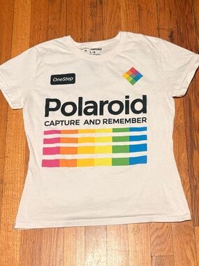 Polaroid White Tee with Rainbow Graphic